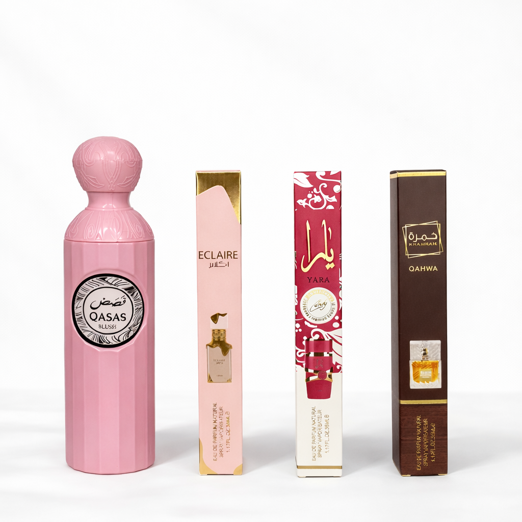 SET 4 PARFUMURI - QASAS BLUSH 100ML + ECLAIRE 35ML + YARA CANDY 35ML + KHAMRAH QAHWA 35ML