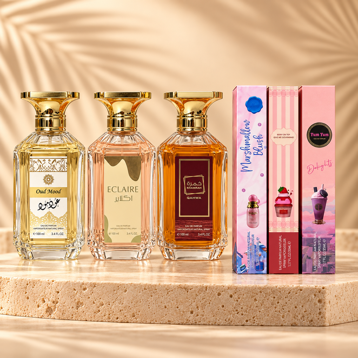 SET 3 + 3 PARFUMURI DAMĂ - ECLAIRE + KHAMRAH + OUD MOOD + MARSHMALLOW BLUSH + YUM YUM + BERRY ON TOP