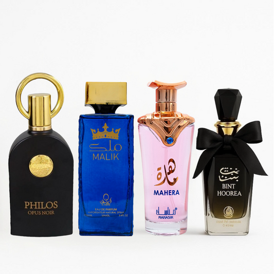 SET 2 PARFUMURI DAMĂ + 2 BARBTESTI - Philos Opus Noir & Malik, Mahera & Bint Hoorea