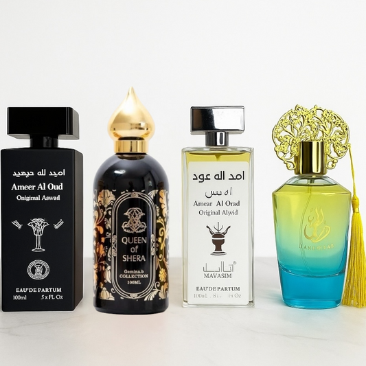 SET 4 PARFUMURI (2dama+2barbati) - Ameer Al Oud Aswad, Queen of Shera, Ameer Al Oud Abyad, Dar Al Hae Blue