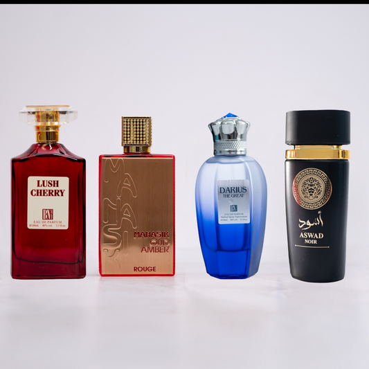 SET 2 PARFUMURI DAMĂ + 2 PARFUMURI BĂRBAȚI - Lush Cherry, Darius the Great, Manasik Rouge, Aswad Noir