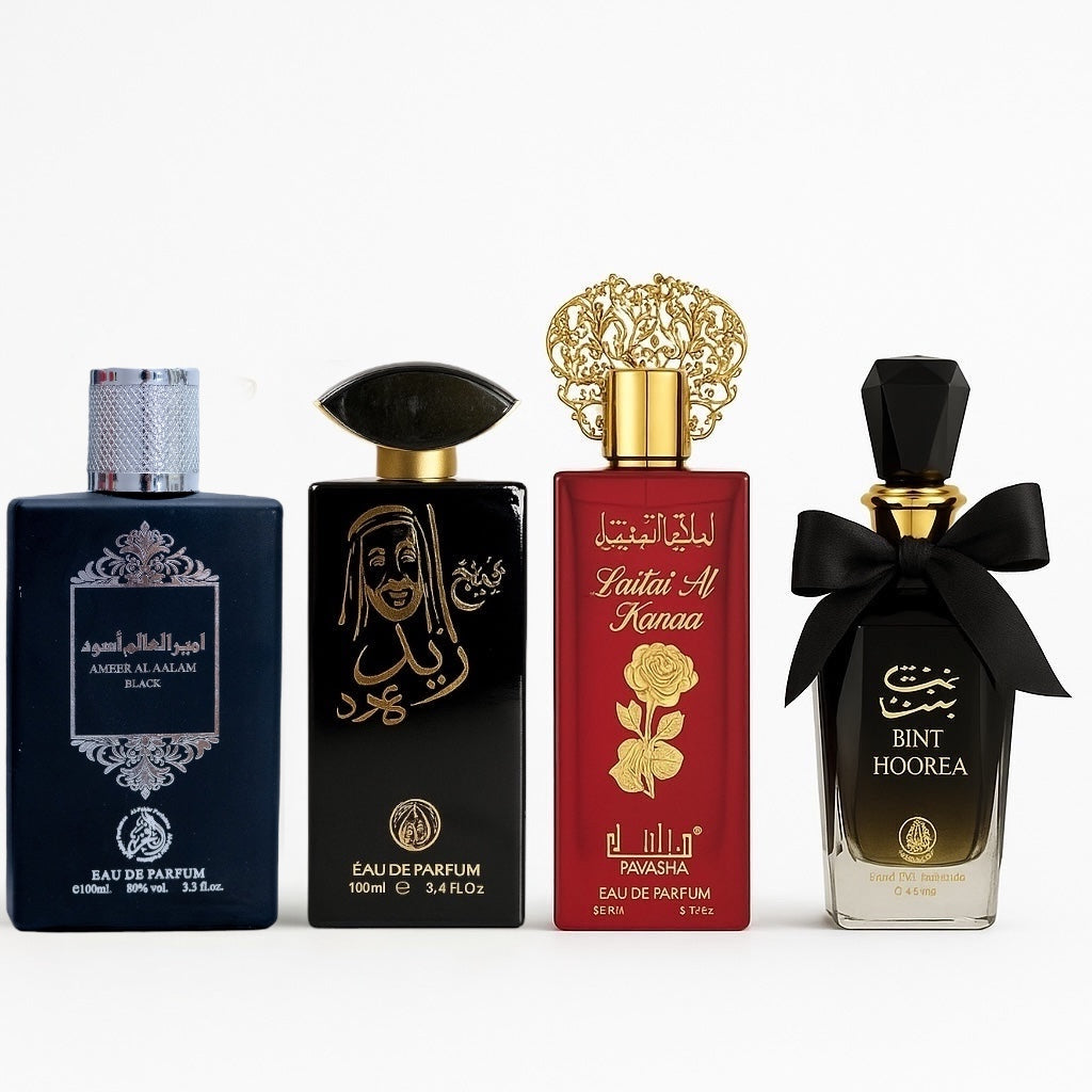 SET 4 PARFUMURI 2 DAMA + 2 BARBATI - AMEER AL AALIM, SHEIKH ZAYED NEGRU, LAILAT AL HUMRA, BINT HOOREA
