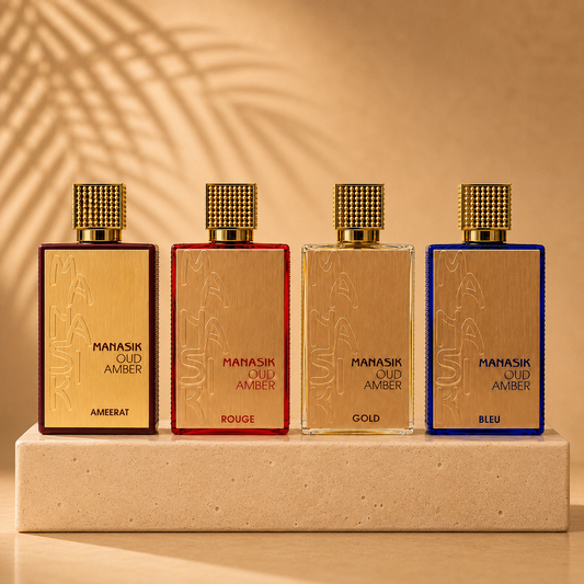 SET 4 PARFUMURI - MANASIK AMBER OUD- GOLD, BLEU, AMEERAT, ROUGE (dama+bărbați)