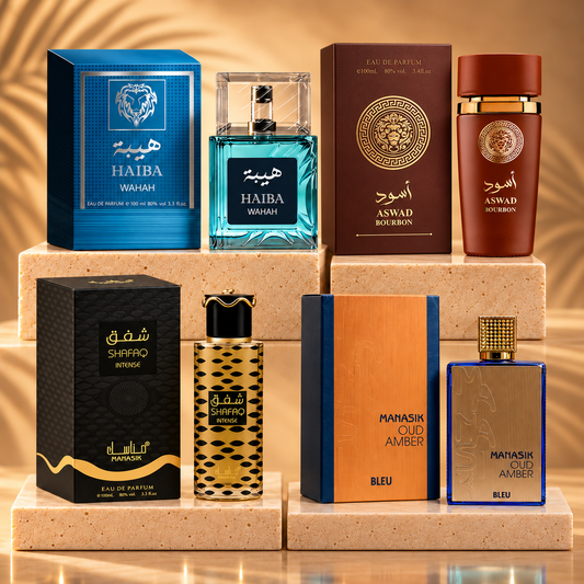 SET 4 PARFUMURI BARBATESTI 100ML - ASWAD BOURBON +SHAFAQ INTENSE + HAIBA WAHAH + OUD AMBER BLEU