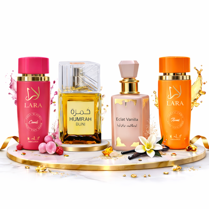 SET 4 PARFUMURI DAMA 100ML - HUMRAH BUNI + ECLAT VANILLA + LARA CANDY + LARA TOUS