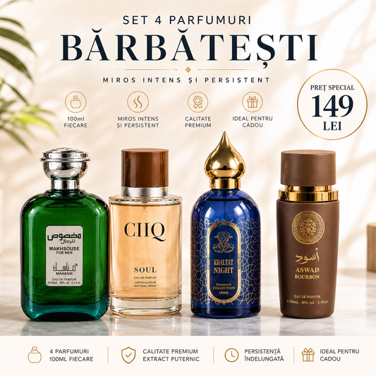 SET 4 PARFUMURI BĂRBĂTEȘTI 100ml  - Aswad Bourbon + Ghaltat Night + CIIQ + Makhsouse