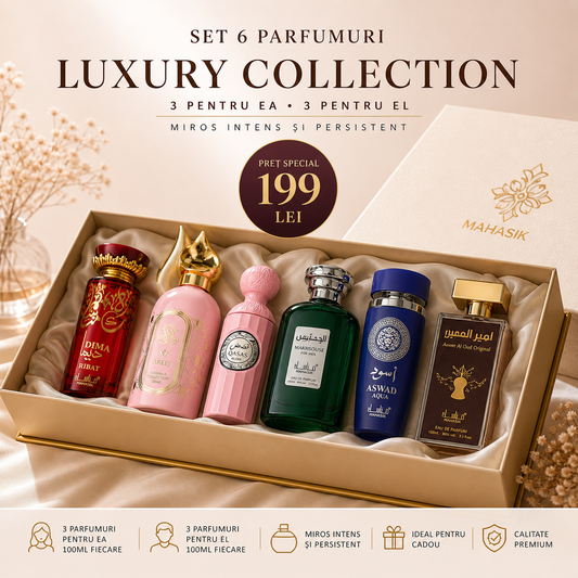 SET 6 PARFUMURI 100ml (3 DAMĂ+3 BĂRBĂTEȘTI) - Qasas Blush+Areej+Ribat + Ameer Al Oud+Aswad Aqua+Makhsouse