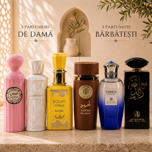 SET 6 PARFUMURI - 3 DAMA + 3 BARBATESTI -> Qasas Blush, Frost, Eclat Banoffee, Aswad Bourbon, Darius The Great, Sheikh Zayed
