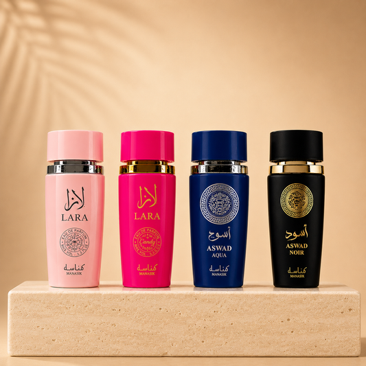 SET 4 PARFUMURI 100ml - LARA CANDY + LARA PINK + ASWAD AQUA + ASWAD NOIR