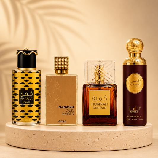 SET 4 PARFUMURI UNISEX 100ML - SHAFAQ INTENSE + OUD AMBER GOLD + HUMRAH DKHOUN + QASAS LUNAIRE