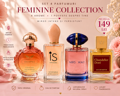 SET 4 PARFUMURI DAMĂ 100ml - MRS WAY + IS + OLUMPILS + CHANDELIER DORE