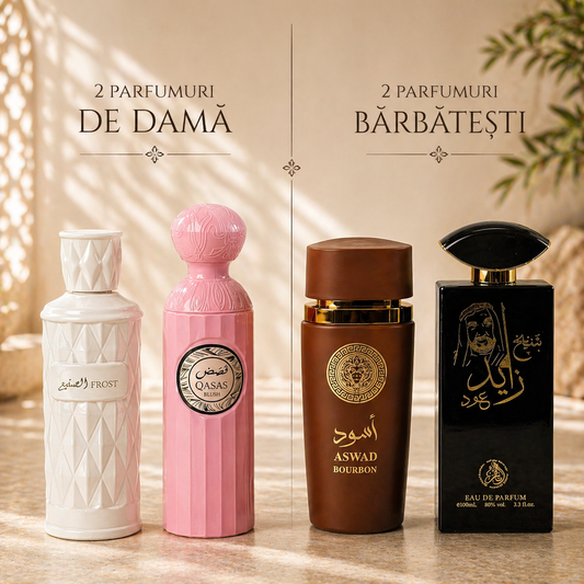 SET 4 PARFUMURI (2 DAMA+2 BARBATESTI) - FROST + QASAS BLUSH + ASWAD BOURBON + SHEIKH ZAYED