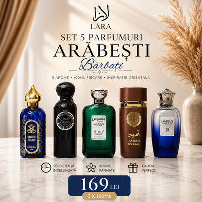 SET 5 PARFUMURI BĂRBĂTEȘTI - GHALTAT NIGHT + QASAS NERO + MAKHSOUSE + ASWAD BOURBON + DARIUS THE GREST