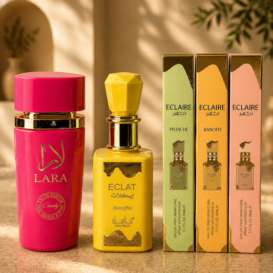 SET 5 PARFUMURI DAMA - LARA CANDY 100ml + ECLAT BANOFFEE 100ml + ECLAIRE x 3 (35ML)