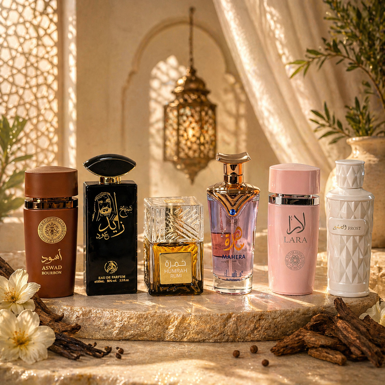 SET 6 PARFUMURI (3 DAMA+3 BARBATESTI) - FROST+LARA+HUMRAH BUNI+ASWAD BOURBON+MAHERA+SHEIKH ZAYED