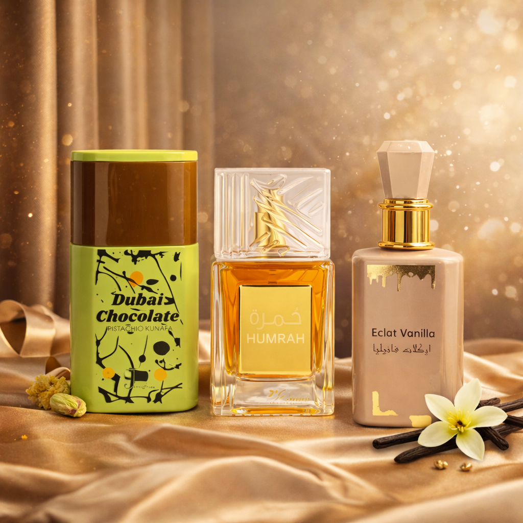 SET 3 PARFUMURI DAMA 100ML - DUBAI CHOCOLATE + ECLAT VANILLA + HUMRAH