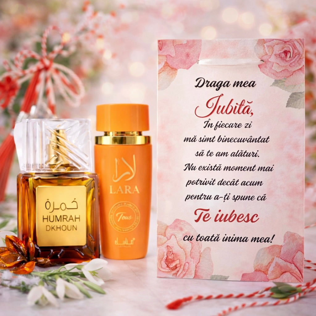 SET CADOU PENTRU IUBITA - TABLOU PERSONALIZAT + HUMRAH DKHOUN + LARA TOUS 100ML
