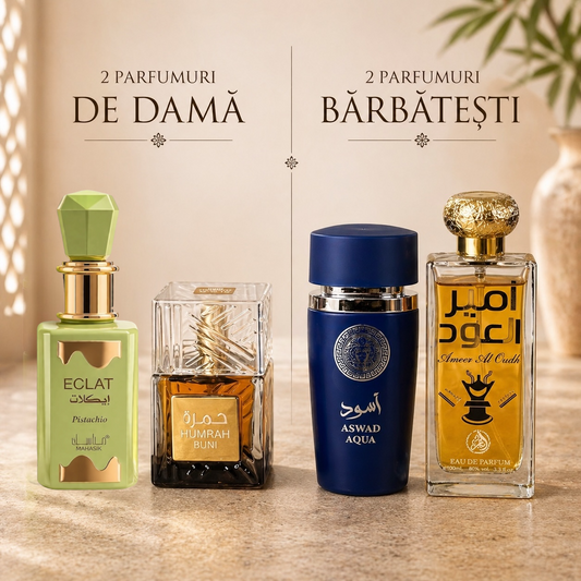SET 4 PARFUMURI (2 DAMA + 2 BARBATESTI) - ECLAT PISTACHIO + HUMRAH BUNI + ASWAD AQUA + AMEER AL OUDH