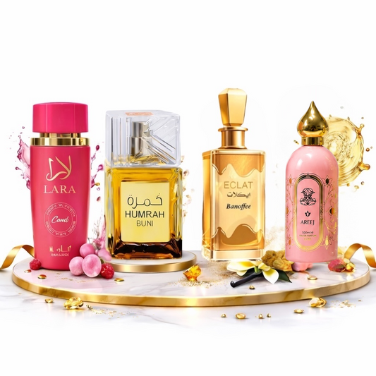 SET 4 PARFUMURI DAMA 100ML - HUMRAH BUNI + ECLAT BANOFFEE + LARA CANDY + AREEJ