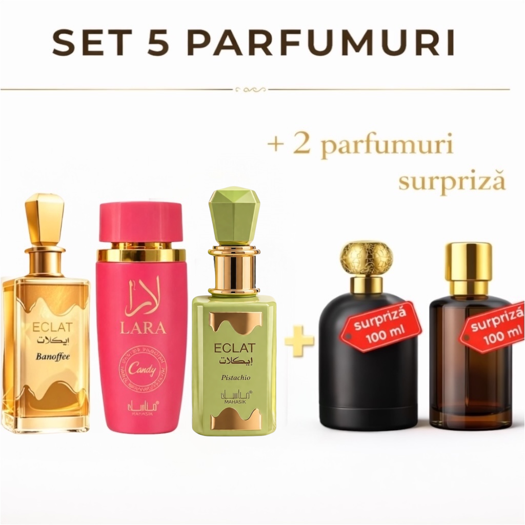 SET 5 PARFUMURI DAMA - ECLAT PISTACHIO + LARA CANDY + ECLAT BANOFFEE + 2 PARUFMURI SURPRIZA