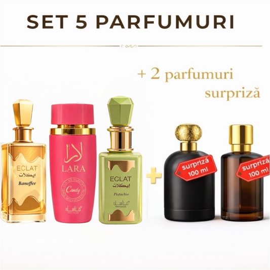SET 5 PARFUMURI DAMA - ECLAT PISTACHIO + LARA CANDY + ECLAT BANOFFEE + 2 PARUFMURI SURPRIZA