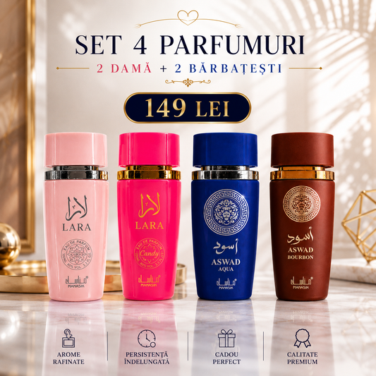 SET 4 PARFUMURI 100ml - LARA CANDY + LARA PINK + ASWAD AQUA + ASWAD BOURBON