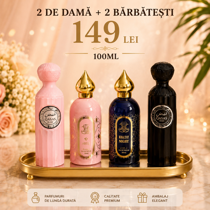 SET 4 PARFUMURI (2 DAMA + 2 BĂRBĂTEȘTI) - QASAS BLUSH, AREEJ, GHALTAT NIGHT, QASAS NERO