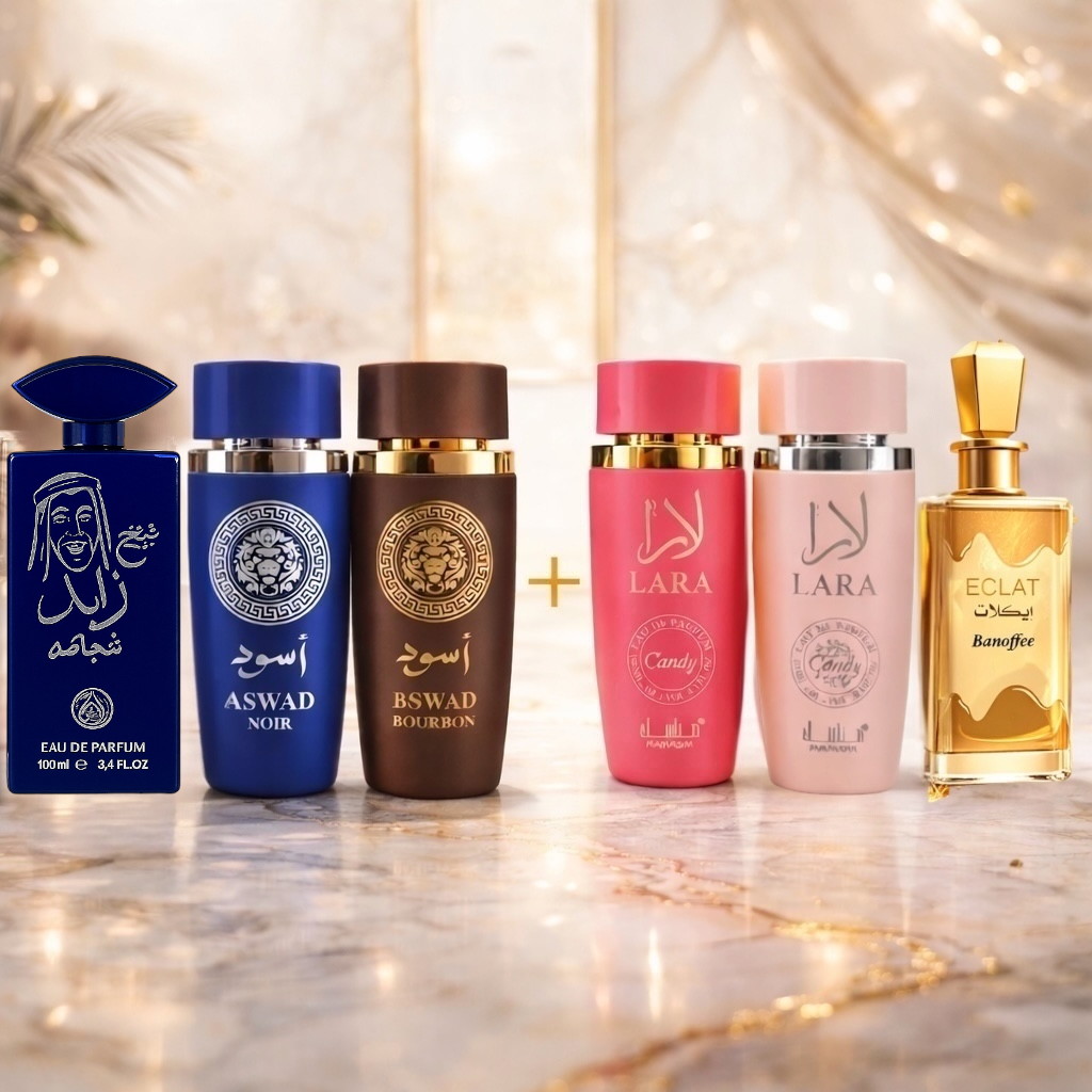 SET 6 PARFUMURI (3 DAMA + 3 BARBATESTI) - LARA CANDY + LARA TOUS + ECLAT BANOFFEE + ASWAD AQUA + ASWAD BOURBON + SHEIKH ZAYED