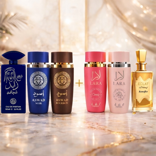 SET 6 PARFUMURI (3 DAMA + 3 BARBATESTI) - LARA CANDY + LARA TOUS + ECLAT BANOFFEE + ASWAD AQUA + ASWAD BOURBON + SHEIKH ZAYED