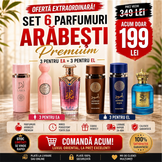 SET 6 PARFUMURI ARĂBEȘTI - Lara + Qasas Blush + Mahera + Aswad Bourbon + Spirit + Aswad Aqua
