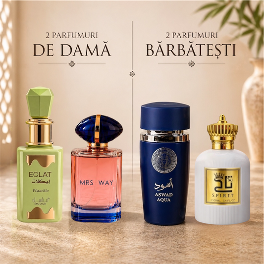 SET 4 PARFUMURI (2 DAMA + 2 BARBATESTI) - ECLAT PISTACHIO + MRS WAY + ASWAD AQUA + SPIRIT