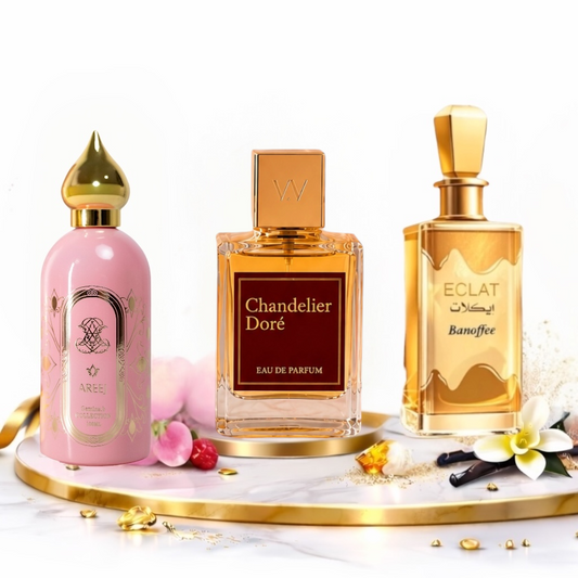 SET 3 PARFUMURI DE DAMA 100ML - CHANDELIER DORE + AREEJ + ECLAT BANOFFEE