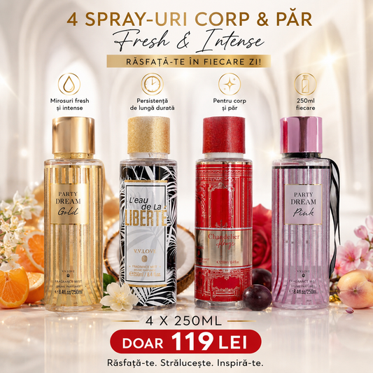 SET 4 SPRAY-URI DE CORP 250ml - Party dream Noir & Gold, L'eau de la liberte, Chandelier Rouge