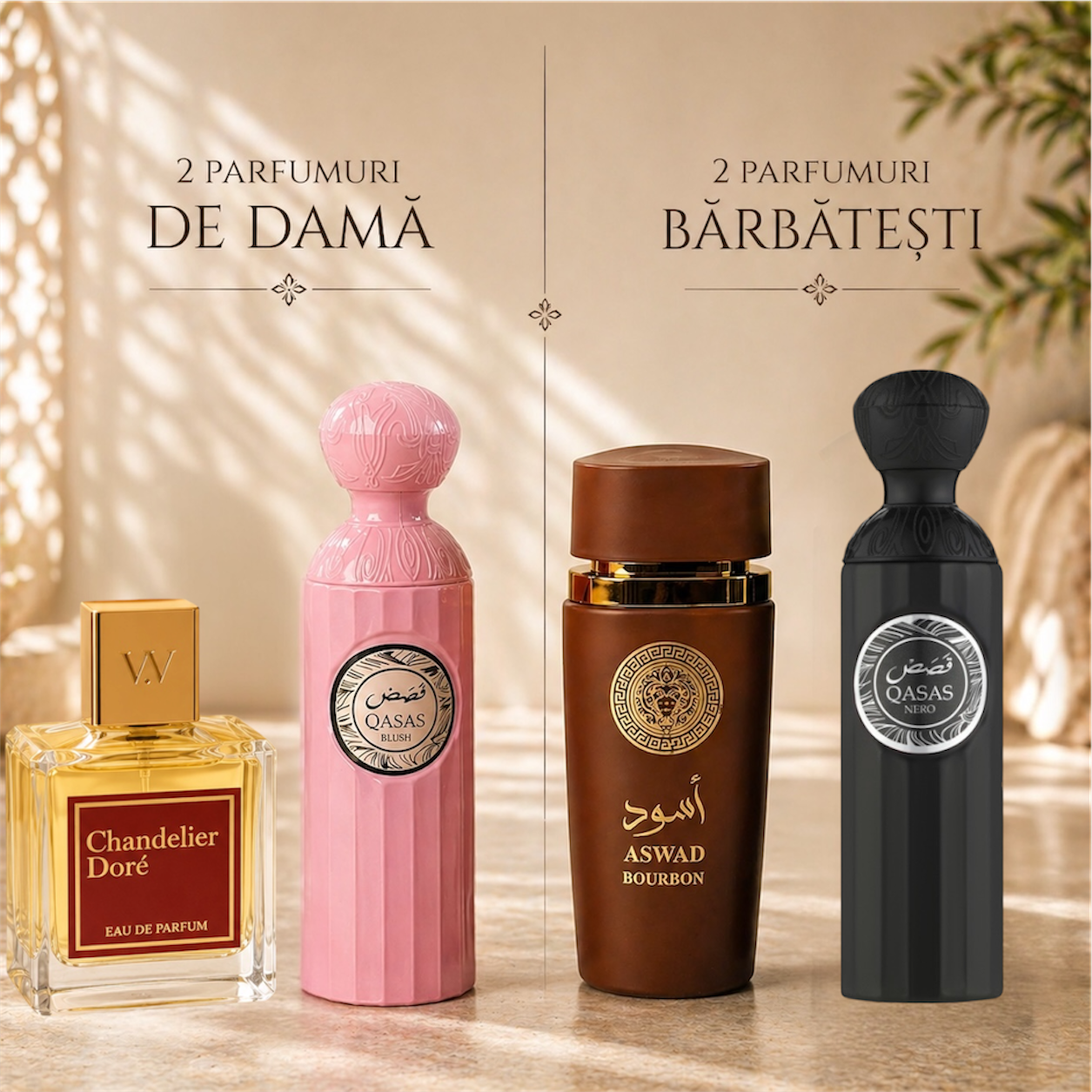 SET 4 PARFUMURI (2 DAMA+2 BARBATESTI) - CHANDELIER DORE + QASAS BLUSH + ASWAD BOURBON + QASAS NERO