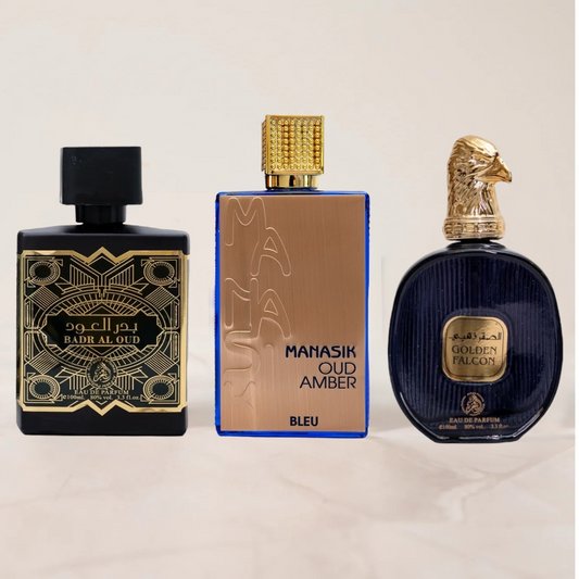 SET 3 PARFUMURI BARBATI - GOLDEN FALCON, BADR AL OUD, OUD AMBER BLUE