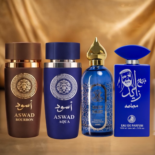SET 4 PARFUMURI ARABESTI BARBATESTI - ASWAD AQUA, ASWAD BOURBON, SHEIKH ZAYED, GHALTAT NIGHT