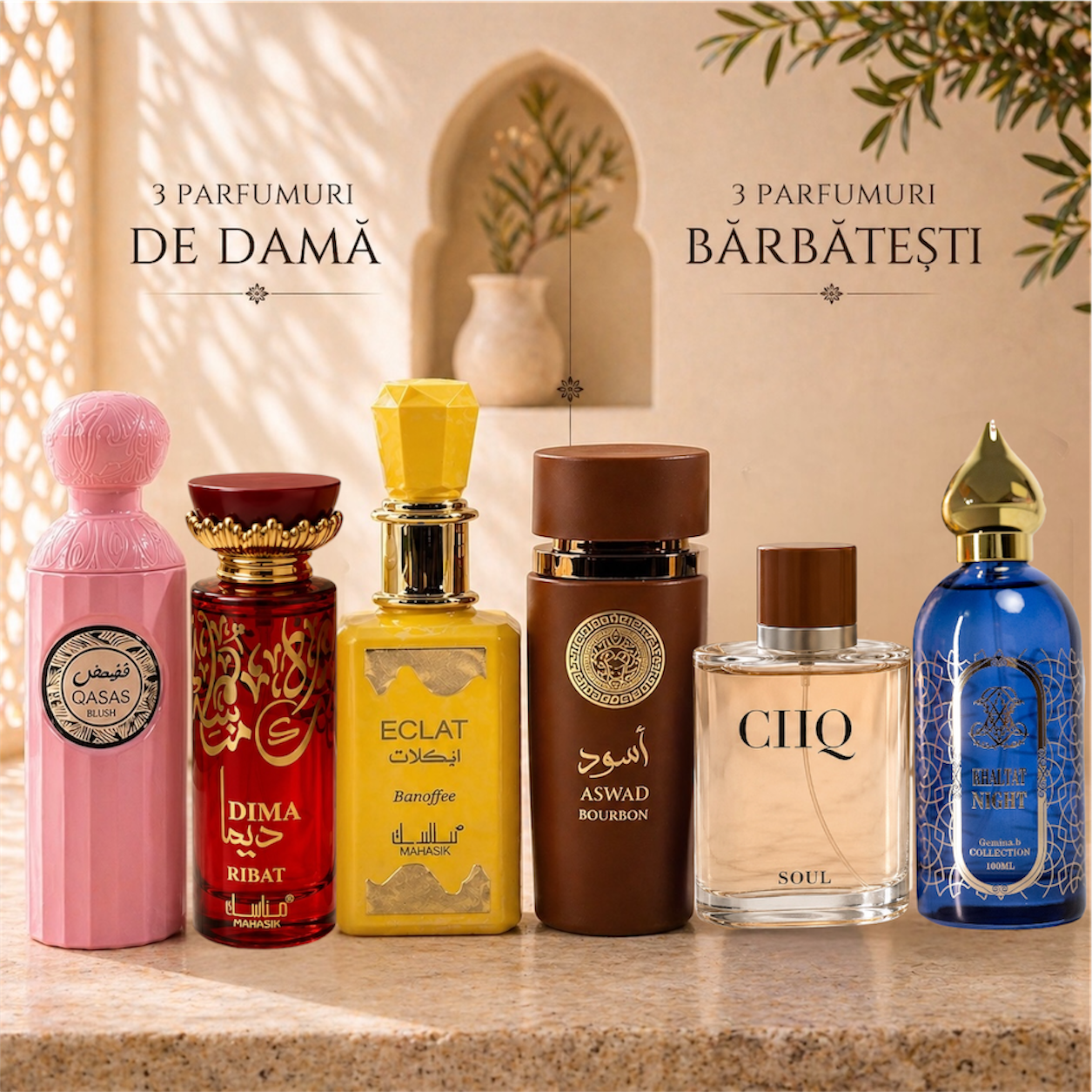 SET 6 PARFUMURI - 3 DAMA + 3 BARBATESTI -> Qasas Blush, Ribat, Eclat Banoffee, Aswad Bourbon, CIIQ, Ghaltat Night