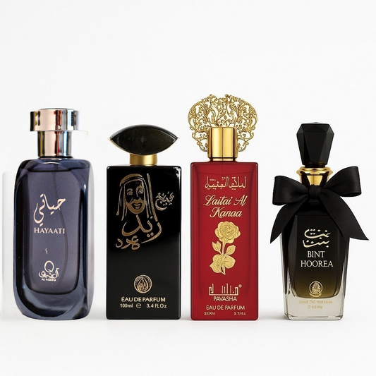 SET 4 PARFUMURI 2 DAMA + 2 BARBATI - HAAYATI, SHEIKH ZAYED NEGRU, LAILAT AL HUMRA, BINT HOOREA