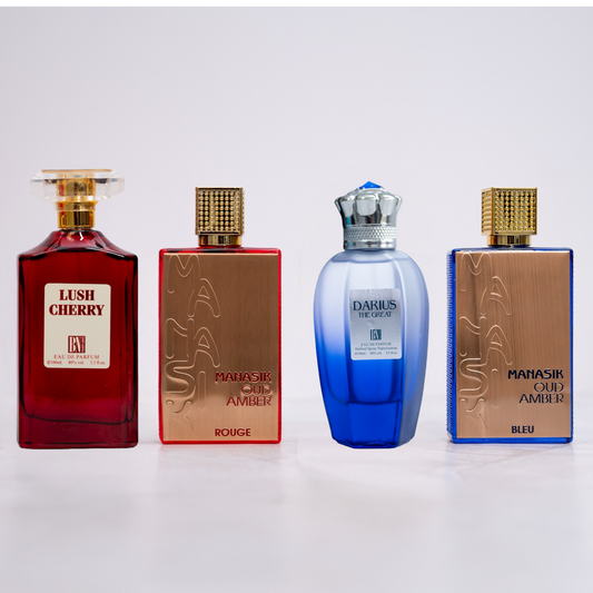 SET 2 PARFUMURI DAMĂ + 2 PARFUMURI BĂRBAȚI - Lush Cherry, Darius the Great, Manasik Rouge, Manasik Blue