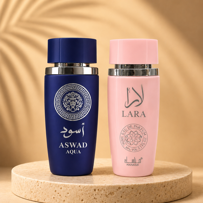 SET 1 PARFUM DE DAMA + 1 PARFUM BARBATESC - ASWAD AQUA + LARA