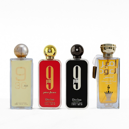 SET 4 PARFUMURI - 3 barbati + 1 dama - 9am black, 9 30 pm white, 9am red, Ameer al Oud Intensse