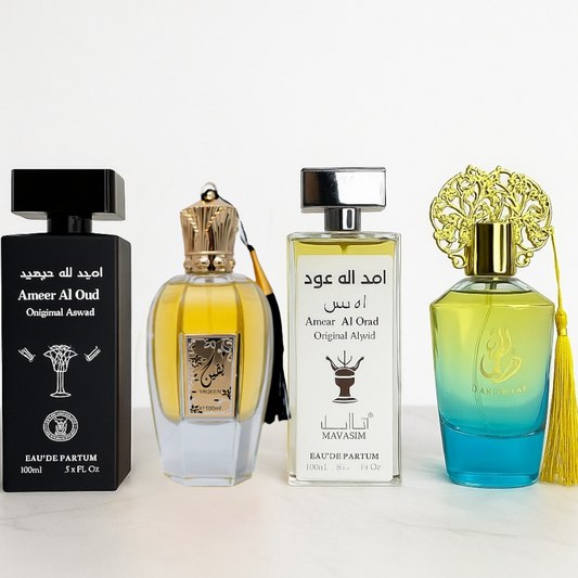 SET 4 PARFUMURI (2dama+2barbati) - Ameer Al Oud Aswad, Yaqeen, Ameer Al Oud Abyad, Dar Al Hae Blue