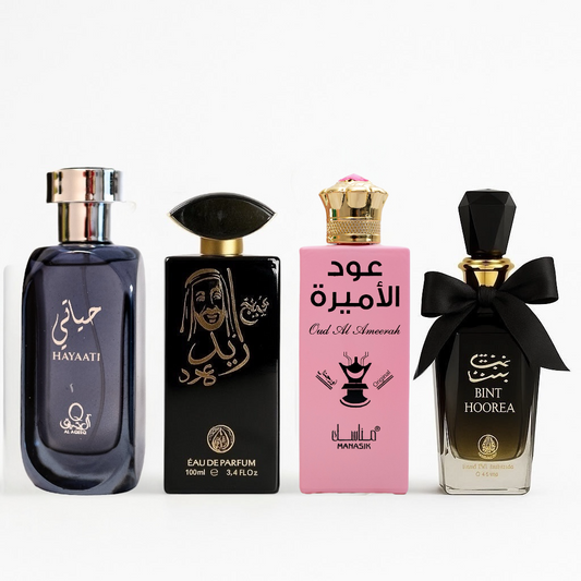 SET 4 PARFUMURI 2 DAMA + 2 BARBATI - HAAYATI, SHEIKH ZAYED NEGRU, OUD AL AMEERAH, BINT HOOREA