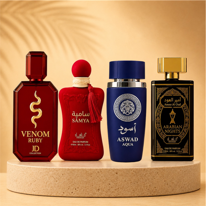 SET 4 PARFUMURI (2 DAMA + 2 BARBATESTI) - VENOM RUBY + SAMYA+ ASWAD AQUA + ARABIAN NIGHTS