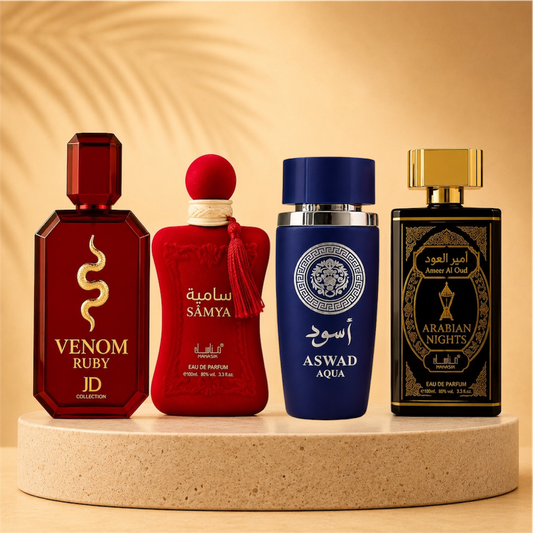 SET 4 PARFUMURI (2 DAMA + 2 BARBATESTI) - VENOM RUBY + SAMYA+ ASWAD AQUA + ARABIAN NIGHTS