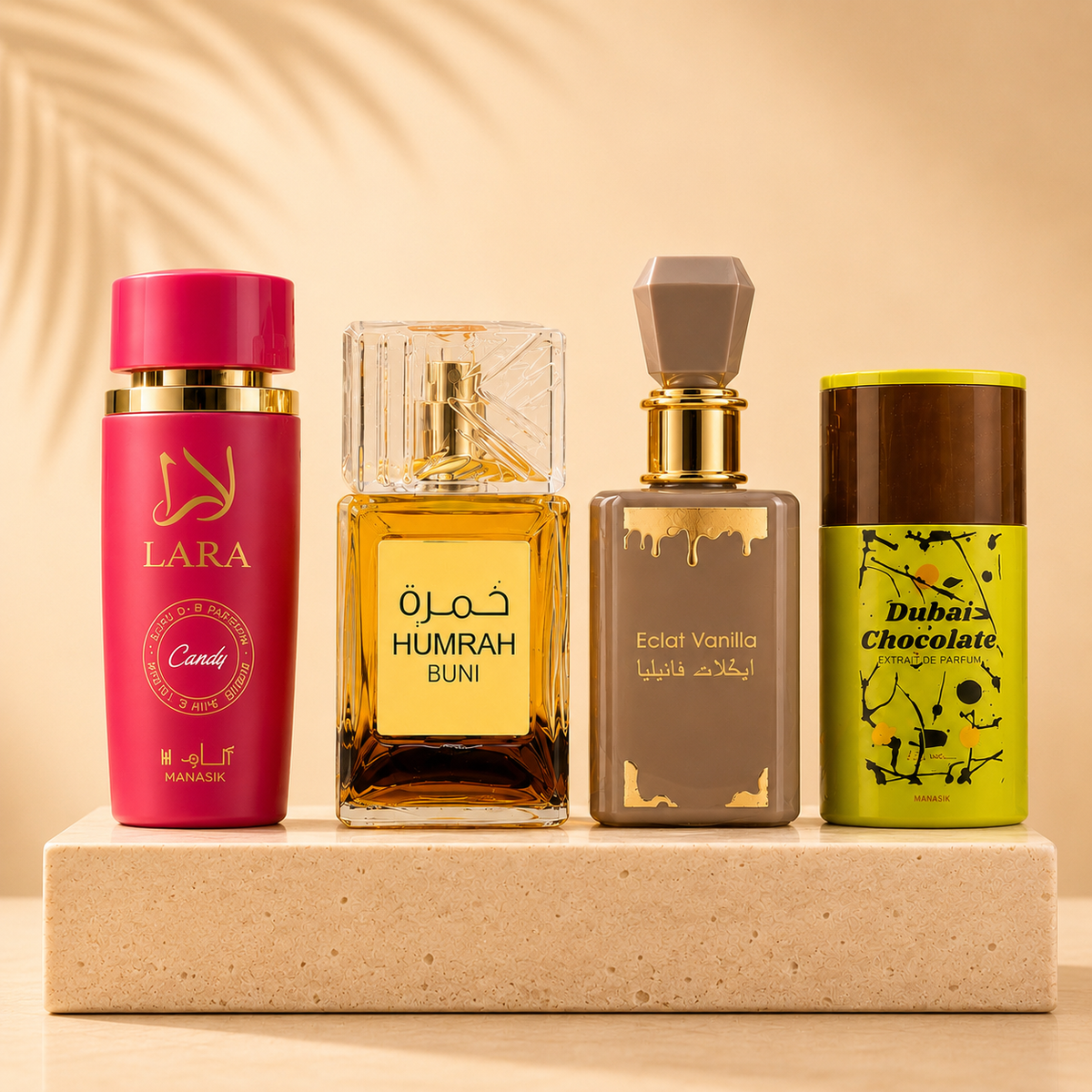 SET 4 PARFUMURI DAMA 100ML - HUMRAH BUNI + ECLAT VANILLA + LARA CANDY + DUBAI CHOCOLATE