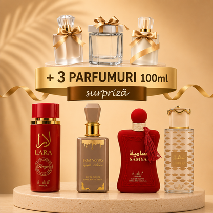SET 7 PARFUMURI DAMA 100ML - LARA ROUGE + ECLAT VANILLA +SAMYA + SHAFAQ + 3 SURPRIZA