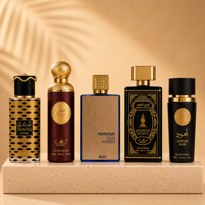 SET 5 PARFUMURI BĂRBĂTEȘTI 100ml - Shafaq Intense + Qasas Lunaire + Oud Amber Bleu + Arabian Nights + Aswad Noir