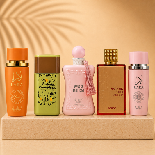 SET 5 PARFUMURI ARĂBEȘTI DAMĂ - REEM + LARA TOUS + DUBAI CHOCOLATE + OUD AMBER ROUGE + LARA
