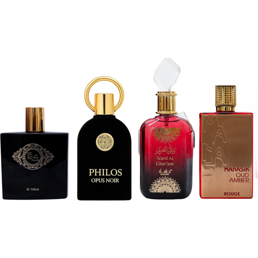 SET PARFUMURI DAMA + BARBATI - Oud 24 Hours, Philos Opus Noir, Ward Al Gharam, Manasik Rouge